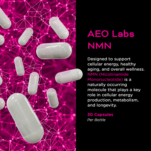 White capsules on a pink network background with AEO Labs NMN text on a black background.