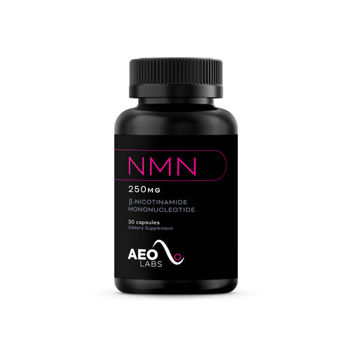 Black supplement bottle labeled 'NMN' with Aeo Labs branding on a white background