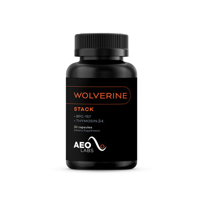 Black supplement bottle labeled 'Wolverine Stack' by AEO Labs on a white background